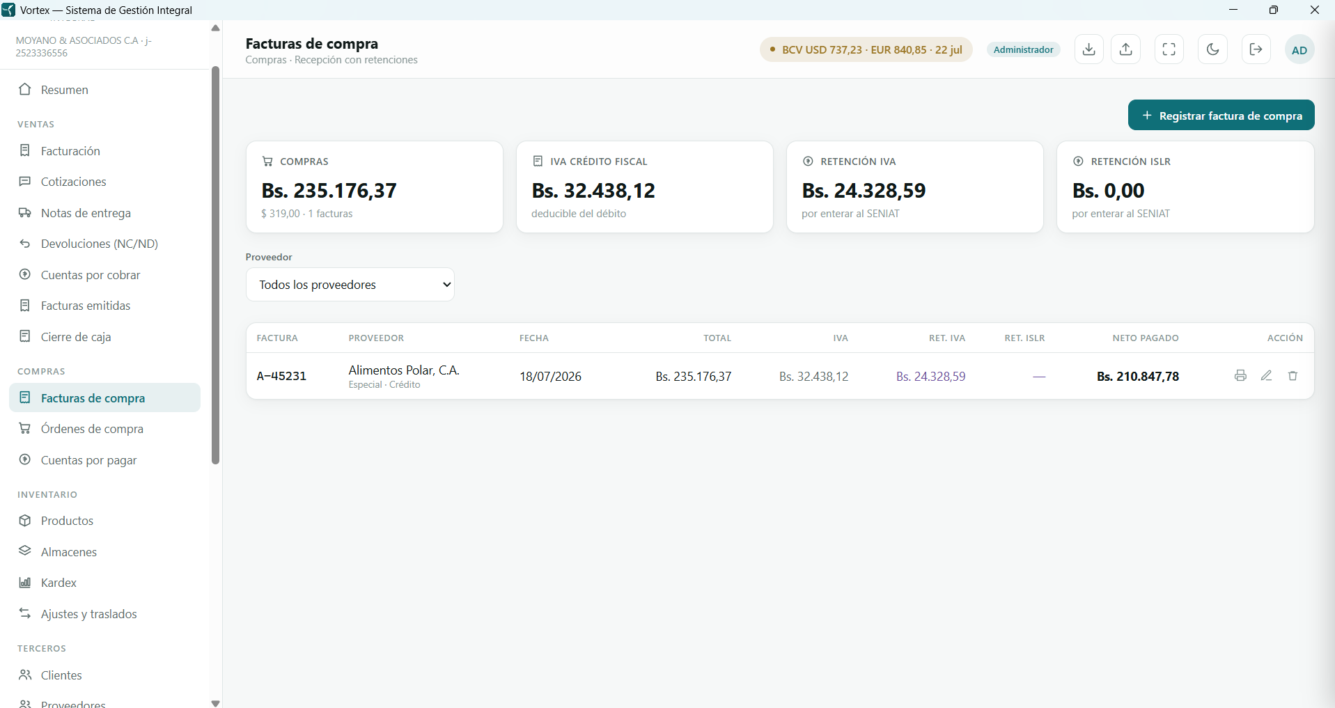 Módulo de Compras — Facturas de compra