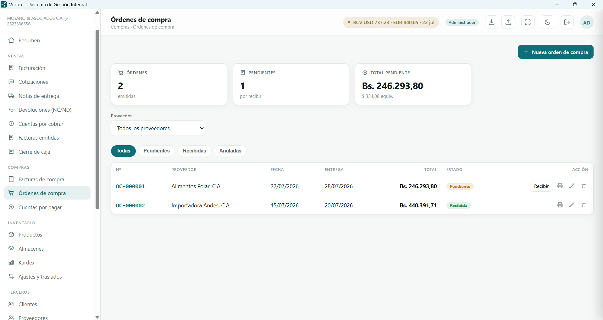 Módulo de Compras — Órdenes de compra