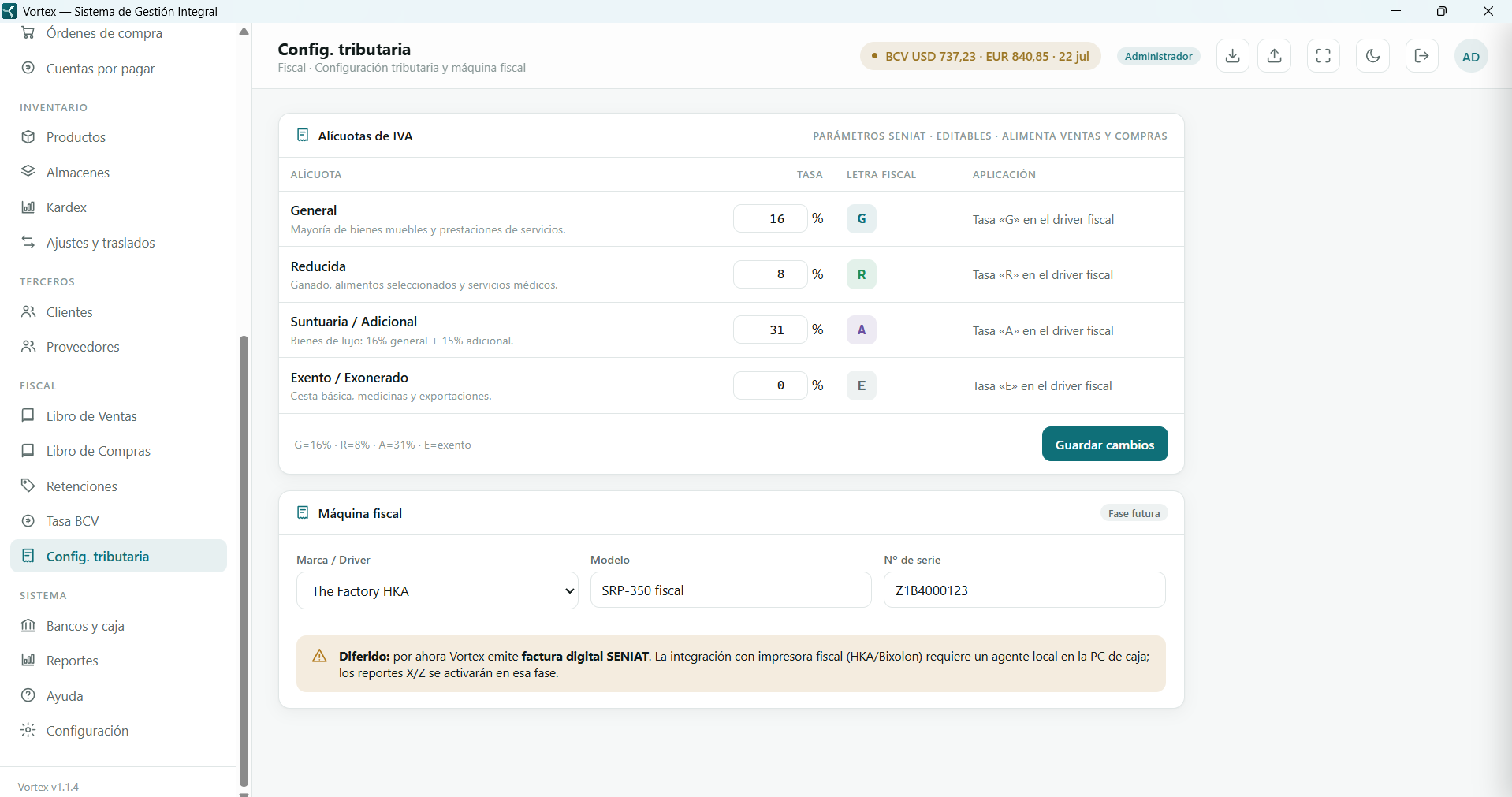 Módulo Fiscal — Configuración tributaria