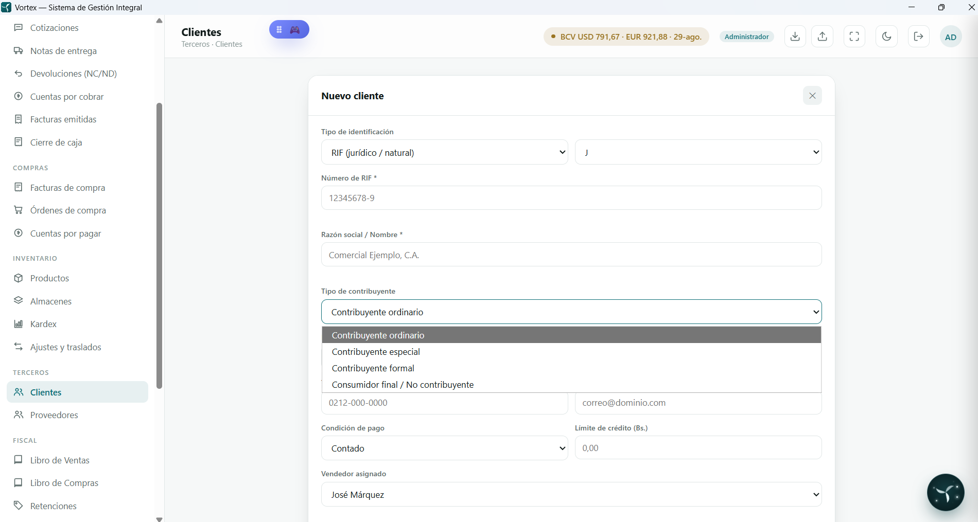 Módulo Terceros — Nuevo cliente