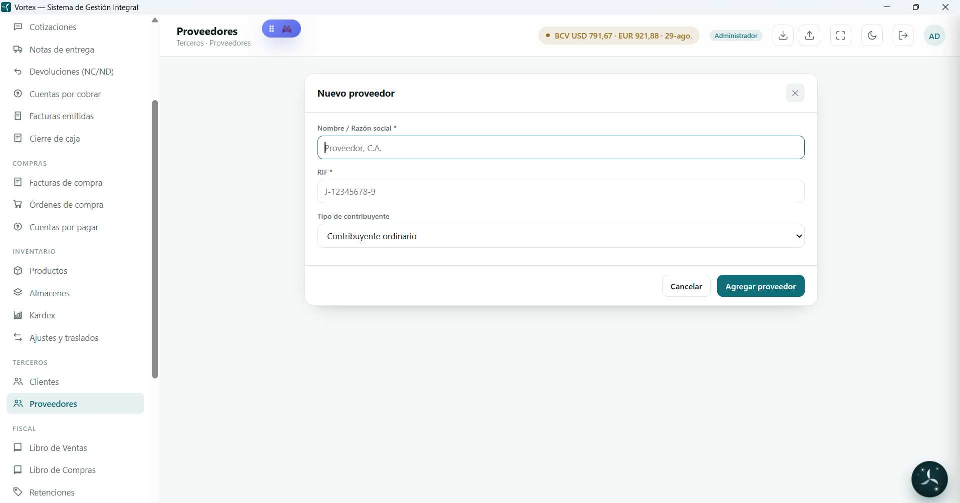 Módulo Terceros — Nuevo proveedor